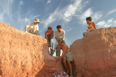 Excavating a fossil turtle from the Shishugou Formation, China; former PhD student J. Choiniere at bottom.