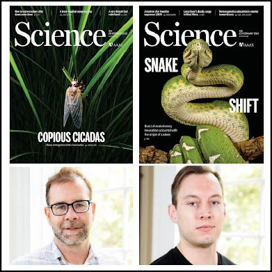 Headshots of Professor Lill and Alex Pyron along with two Science magazine covers