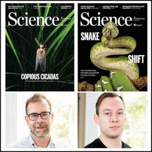 Headshots of Professor Lill and Alex Pyron along with two Science magazine covers
